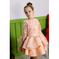 KIZ ÇOCUK SOMON İŞLEMELİ TÜL DETAYLI SATEN PRENSES ABİYE ELBİSE