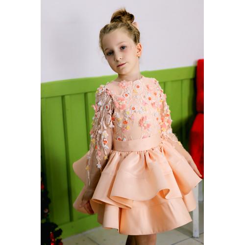 KIZ ÇOCUK SOMON İŞLEMELİ TÜL DETAYLI SATEN PRENSES ABİYE ELBİSE