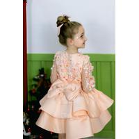 KIZ ÇOCUK SOMON İŞLEMELİ TÜL DETAYLI SATEN PRENSES ABİYE ELBİSE