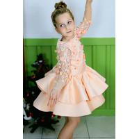 KIZ ÇOCUK SOMON İŞLEMELİ TÜL DETAYLI SATEN PRENSES ABİYE ELBİSE