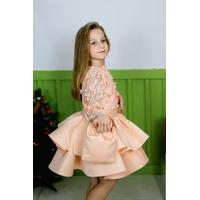 KIZ ÇOCUK SOMON İŞLEMELİ TÜL DETAYLI SATEN PRENSES ABİYE ELBİSE