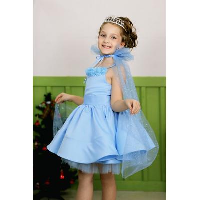 KIZ ÇOCUK TAÇ VE PELERİNLİ MAVİ SATEN PRENSES ABİYE ELBİSE