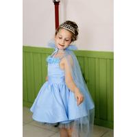 KIZ ÇOCUK TAÇ VE PELERİNLİ MAVİ SATEN PRENSES ABİYE ELBİSE