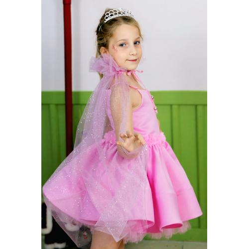 KIZ ÇOCUK TAÇ VE PELERİNLİ PEMBE SATEN PRENSES ABİYE ELBİSE