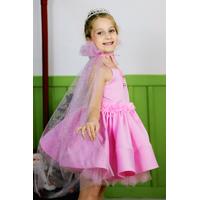KIZ ÇOCUK TAÇ VE PELERİNLİ PEMBE SATEN PRENSES ABİYE ELBİSE