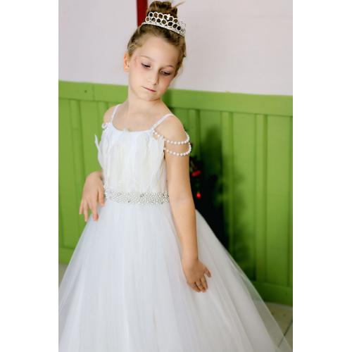 KIZ ÇOCUK TÜY İNCİ VE TAŞ DETAYLI GELİNLİK