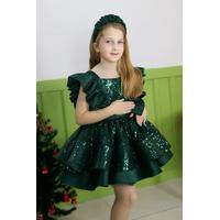 KIZ ÇOCUK YEŞİL PULLU SATEN PRENSES ABİYE ELBİSE