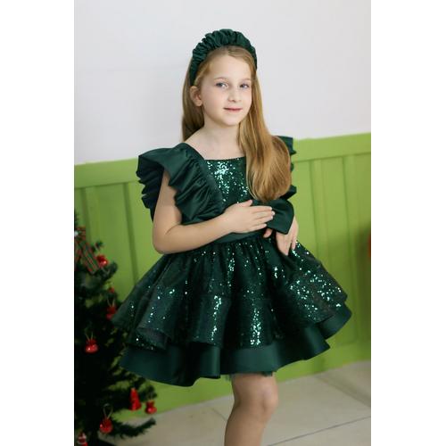 KIZ ÇOCUK YEŞİL PULLU SATEN PRENSES ABİYE ELBİSE