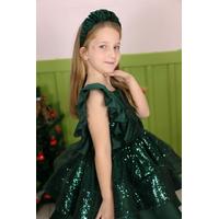 KIZ ÇOCUK YEŞİL PULLU SATEN PRENSES ABİYE ELBİSE