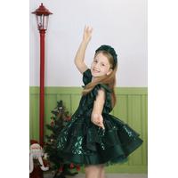 KIZ ÇOCUK YEŞİL PULLU SATEN PRENSES ABİYE ELBİSE