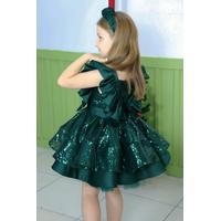 KIZ ÇOCUK YEŞİL PULLU SATEN PRENSES ABİYE ELBİSE