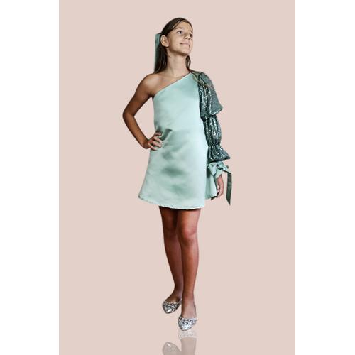 KIZ ÇOCUK YEŞİL TEK OMUZ PULLU TEK KOL SATEN ABİYE ELBİSE