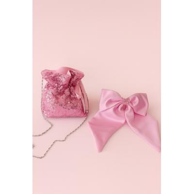 KIZ ÇOCUK ZİNCİR ASKILI PEMBE PULLU ÇANTA FİYONK TOKA AKSESUAR SETİ